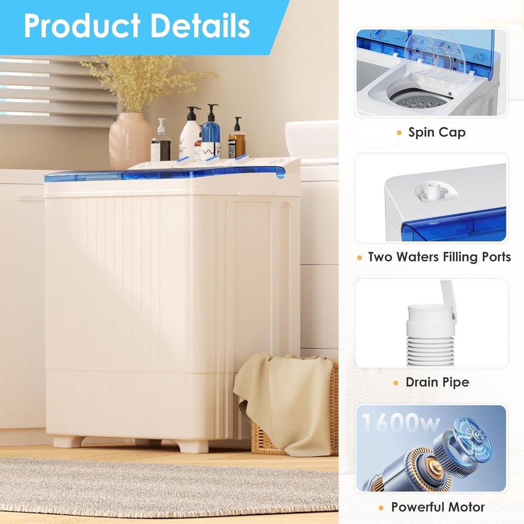 28lbs Portable Twin Tub Washing Machine & Spin Dryer Combo-Silver Ion Deep Cleaning, Dual Timer Control, Gentle/Normal Modes, Mini Laundry for Apartment, Dorm, RV, Camping (Blue)