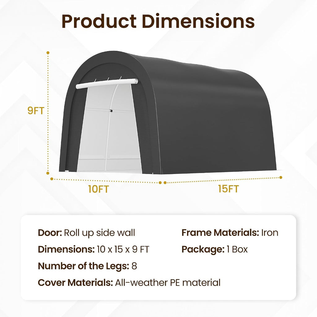 FansaFurn Carport, 10'x15' Outdoor Round Portable Garage with 2 Roll up Doors, Heavy Duty Storage Shelter Car Canopy Party Tent, Dark Gray