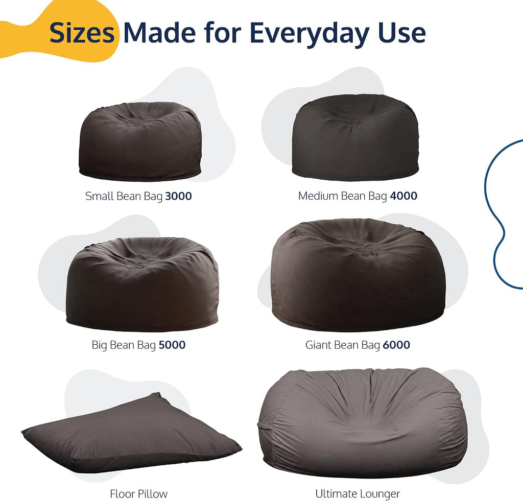 ULTIMATE SACK 5000 5-Foot Bean Bag Chair with Footstool, Grey Suede Cover – Oversized Foam Lounger, Floor Seat, Small Sofa, or Couch Bed for Living Area, Gaming Room, or Reading Lounge