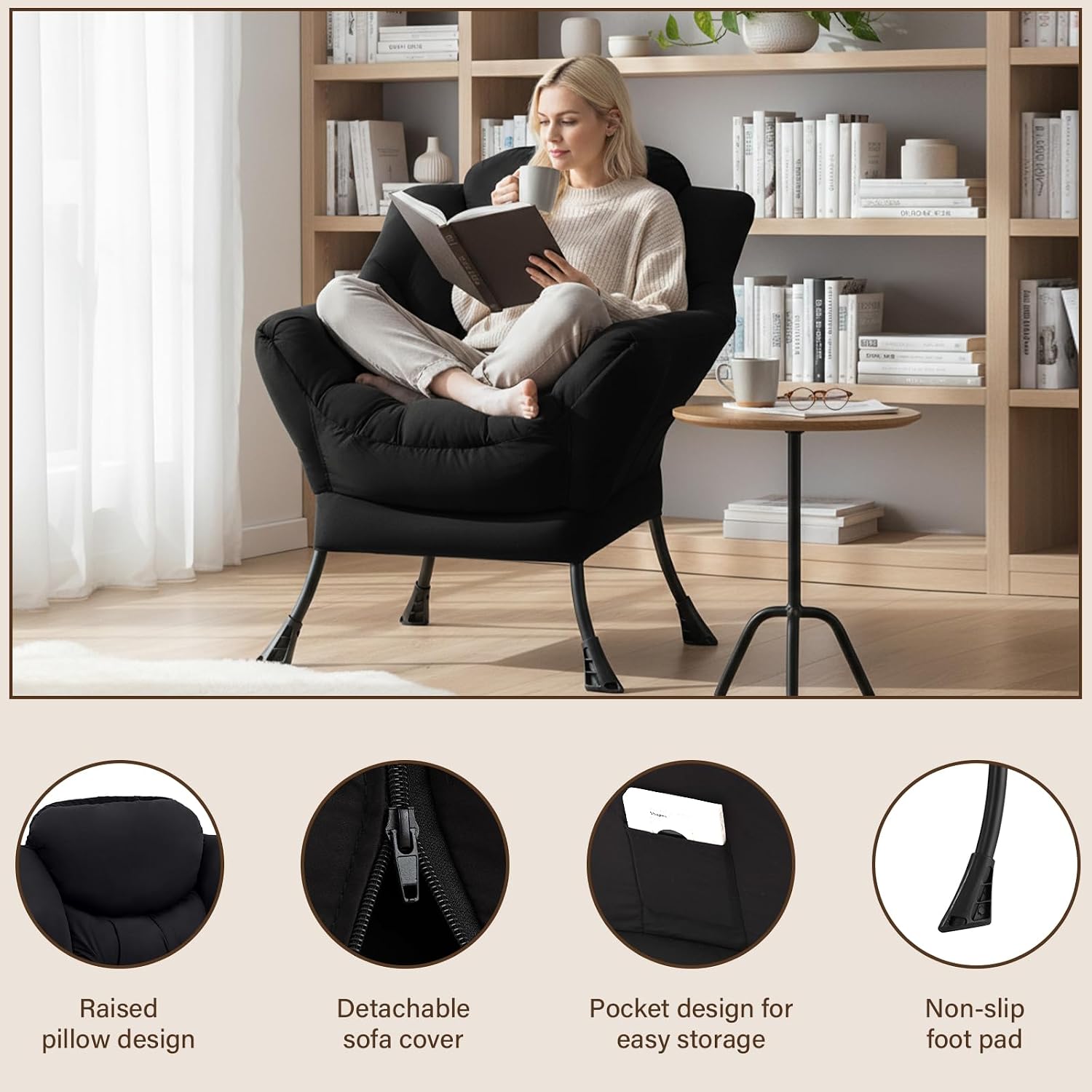 Welnow Black Single Lazy Chair for Living Room, Modern Reading Accent Chair with Armrests and a Side Pocket, Leisure Lazy Sofa Chair for Small Space, Bedroom, Dorm