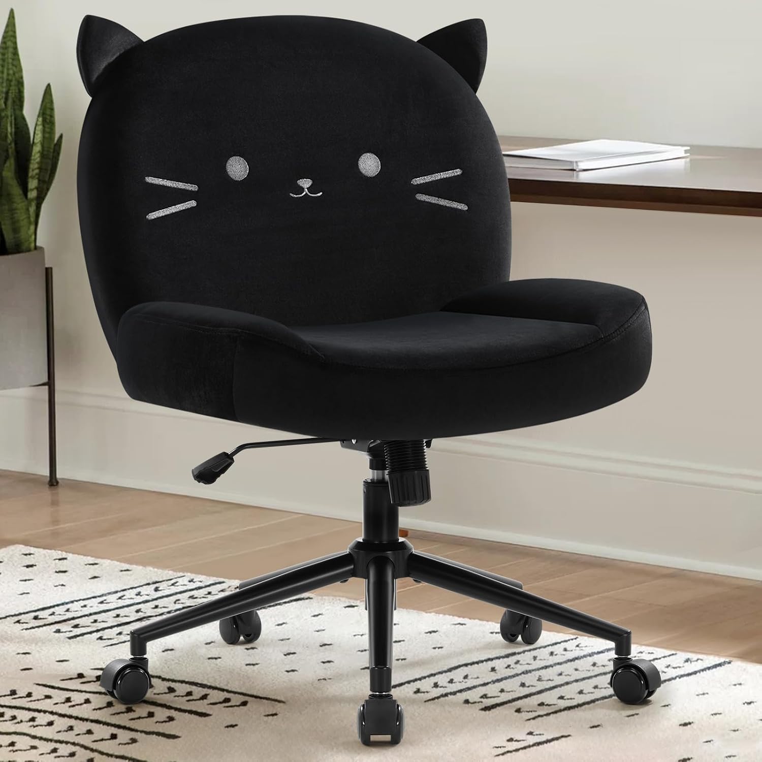 IWMH Armless Office Desk Chair with Wheels,Ergonomic Criss Cross Legged Computer Chair with Fabric Padded, Height Adjustable Wide Seat Vanity Chairs,Mid Back Task Chair for Home, Bedroom (Black Cat)