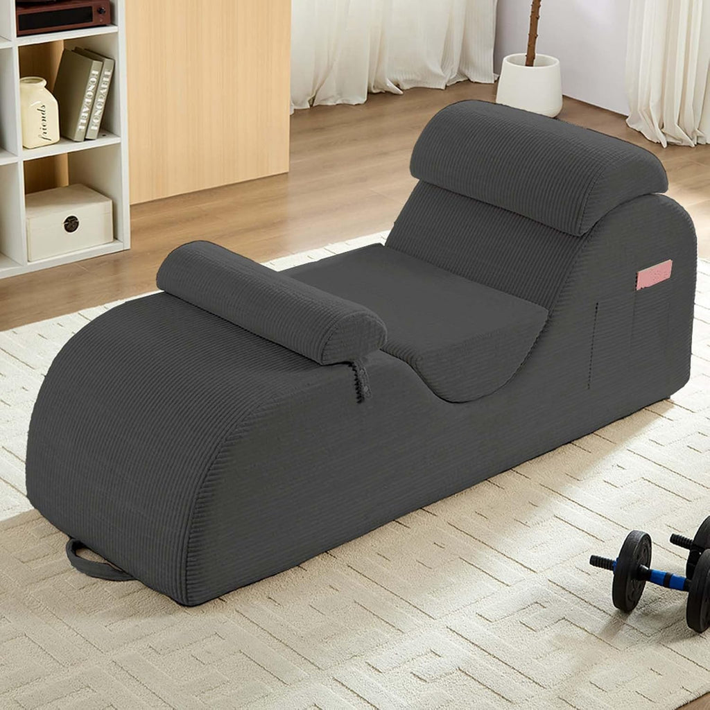 ijuicy 25' Wide Ergonomic Stretch Yoga Chair, Modern Floor Relax Chaise Lounge Chair with Adjustable Headrest, Waist Support Cushion, Movable Footrest & Side Pockets-Light Grey
