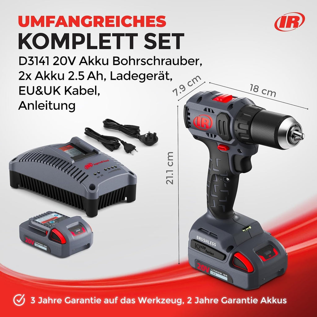 Ingersoll Rand D3141 1/2' 20V Cordless Compact Drill Driver Bare Tool, 450 in-lb Torque, Keyless Chuck, Pistol Grip