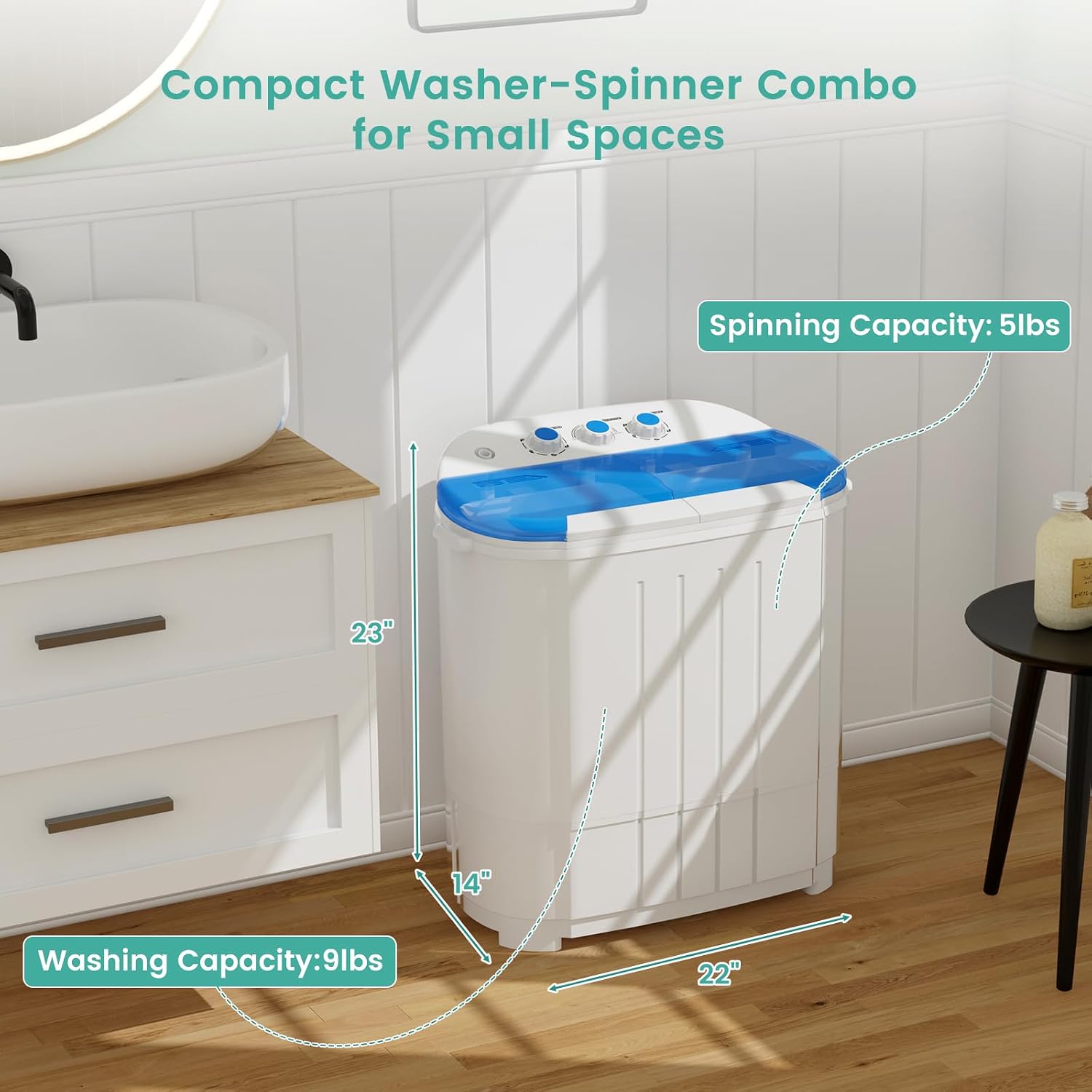 Auertech 14 Lbs Portable Washing Machine, Portable Washer for Apartment with 9 Lbs Washer, 5 Lbs Spinner, Mini Compact Top Load Washing Machine for RV Dorm Small Space