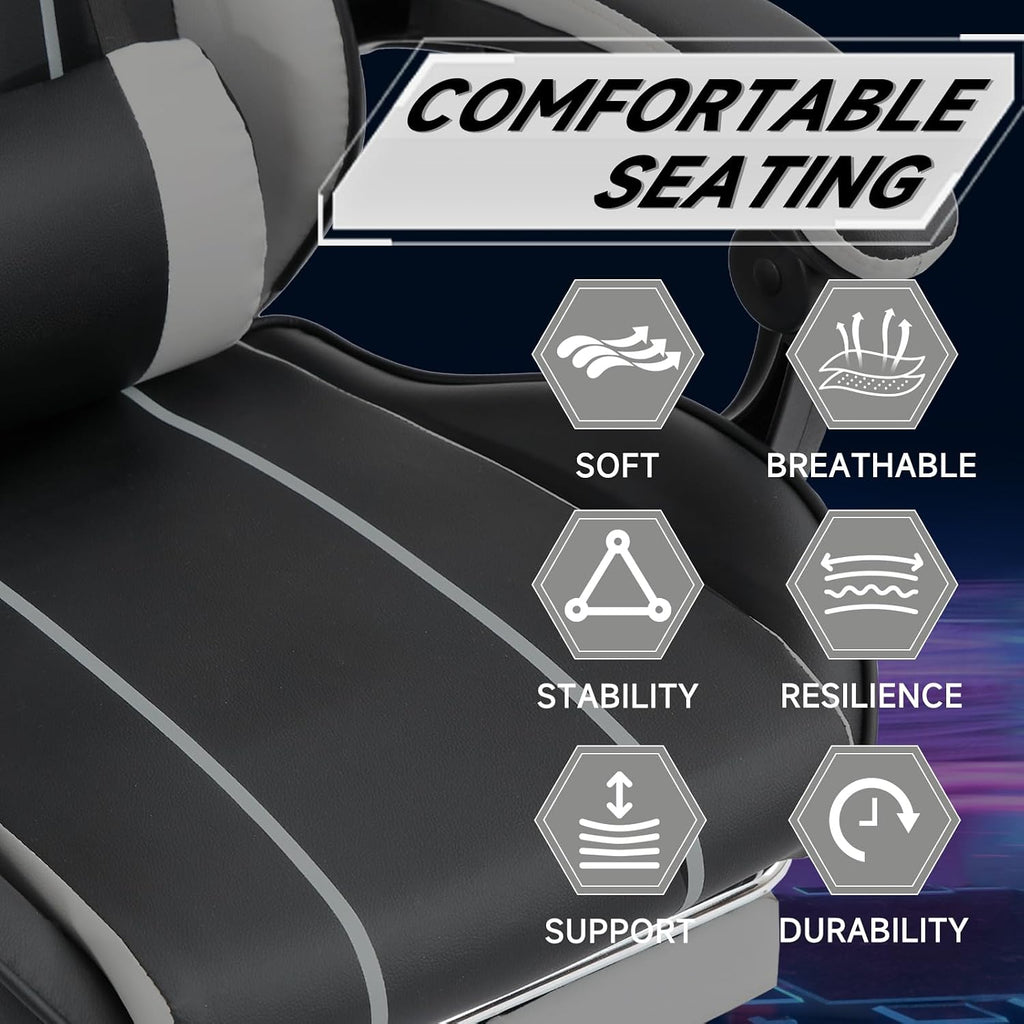 Gaming Chair with Massage and Footrest, Ergonomic High Back PC Racing Chair, 300LBS Capacity with Adjustable Lumbar Support & Headrest for Office and Desk (Model D, Black+Grey)