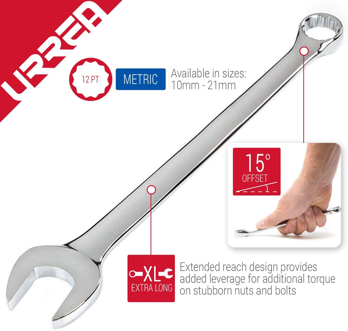 URREA 12-Point Combination Wrench Set - 12-Piece (10mm - 21mm) Extended Reach Mechanics Tool Kit with Canvas Tool-Roll & Fully Polished Nickel Chrome Finish - 1200AML