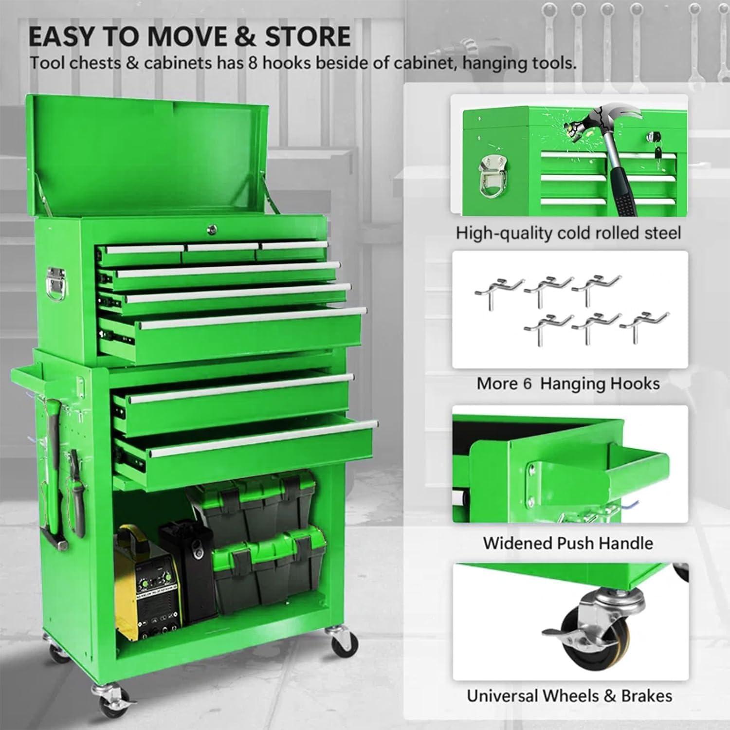 8 Drawers Rolling Tool Chest, 2-in-1 Detachable Metal Tool Storage Cabinet with Wheels, Lockable Tool Cart with Hooks for Garage, Workshop or Salon Use, Green