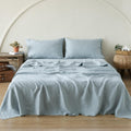 Simple&Opulence 100% Linen Sheet Set with Embroidery Washed - 3 Pieces (1 Flat Sheet & 1 Fitted Sheet & 1 Pillowcase) Natural Flax Soft Bedding Breathable Farmhouse - Dusty Blue, Twin Size
