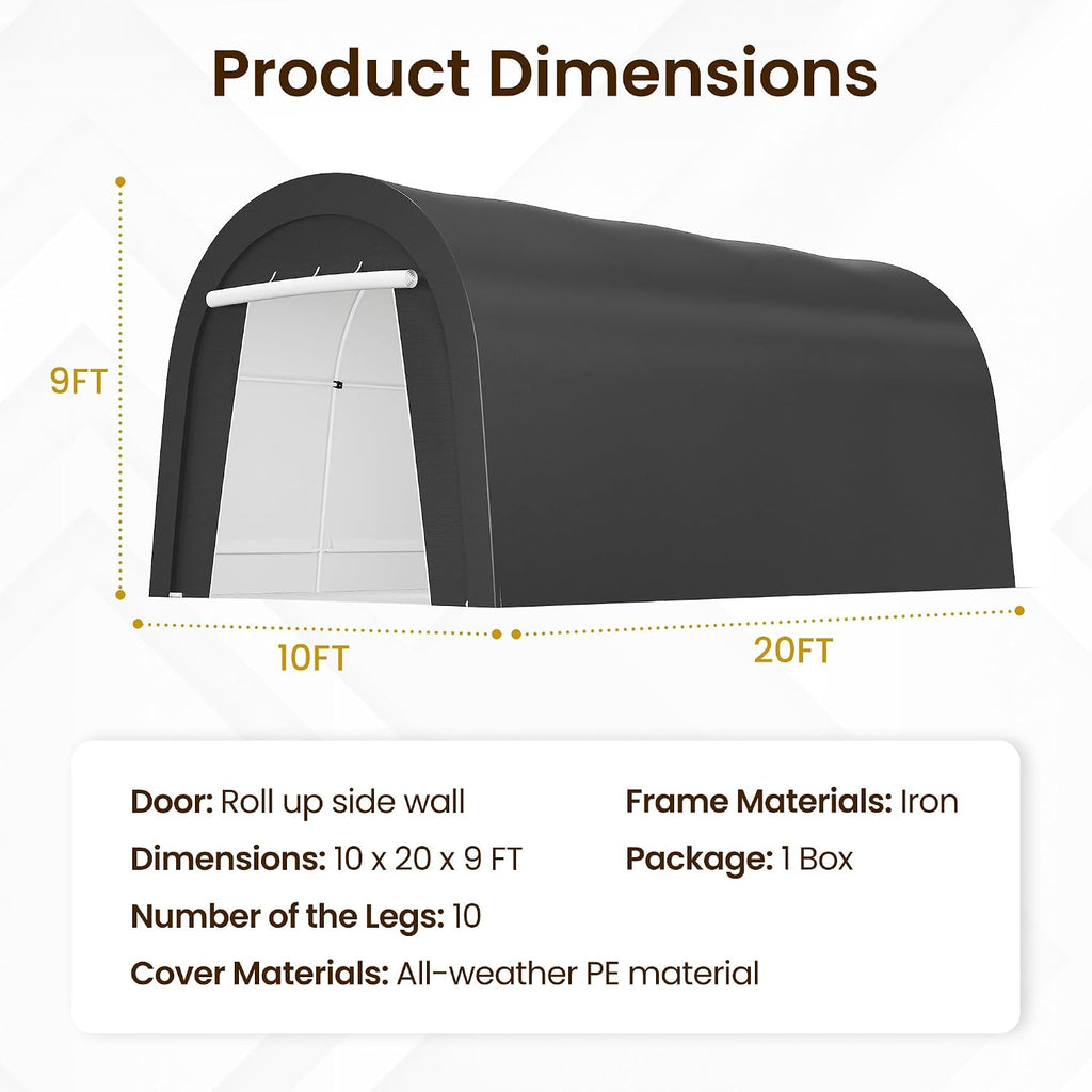 FansaFurn 10'x20' Carport, Outdoor Round Portable Garage with 2 Roll up Doors, Heavy Duty Storage Shelter Car Canopy Party Tent, Dark Gray