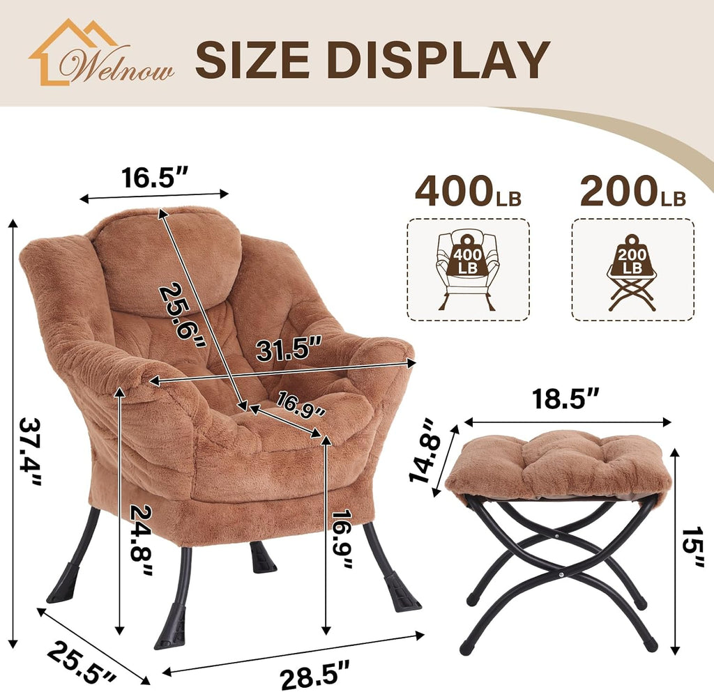 Welnow Lazy Chair with Ottoman, Modern Accent Chair with Armrests and a Side Pocket, Leisure Sofa Armchair, Reading Armchair with Footrest for Small Space, Plush Brown