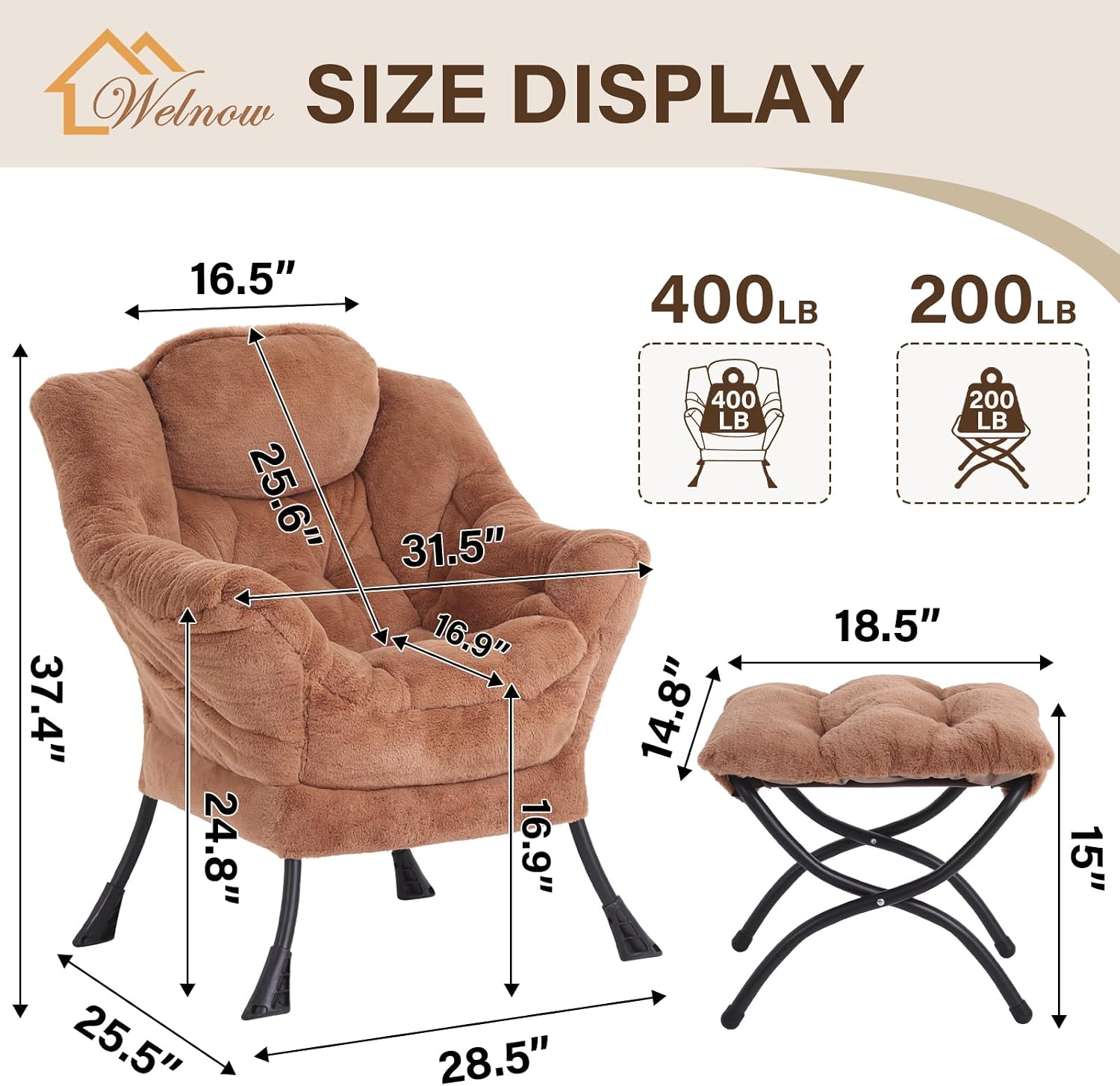Welnow Lazy Chair with Ottoman, Modern Accent Chair with Armrests and a Side Pocket, Leisure Sofa Armchair, Reading Armchair with Footrest for Small Space, Plush Brown