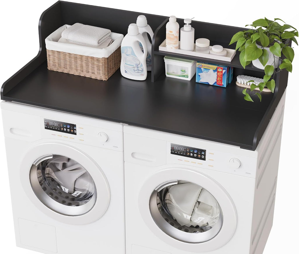 DTK Washer Dryer Wood Countertop with Shelf, Laundry Topper with Non-Slip Mat,27.55' Depth x 54' Width Dryer Covers for The Top with Edge Rails, Black