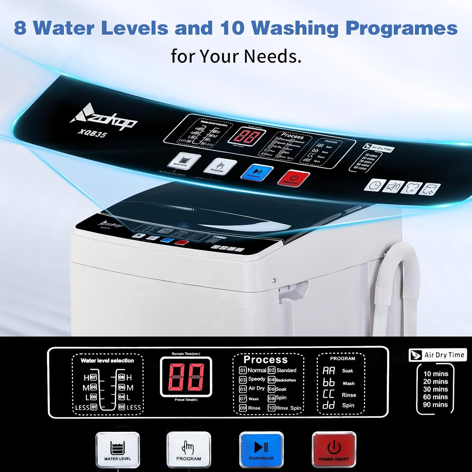 Winado 15.6LBS Portable Washing Machine, Full-Automatic Laundry Machine with Stainless Steel Drum, 10 Wash Programs Compact Washer and Spin Dryer Combo with Drain Pump for Apartment, Dorm, Home