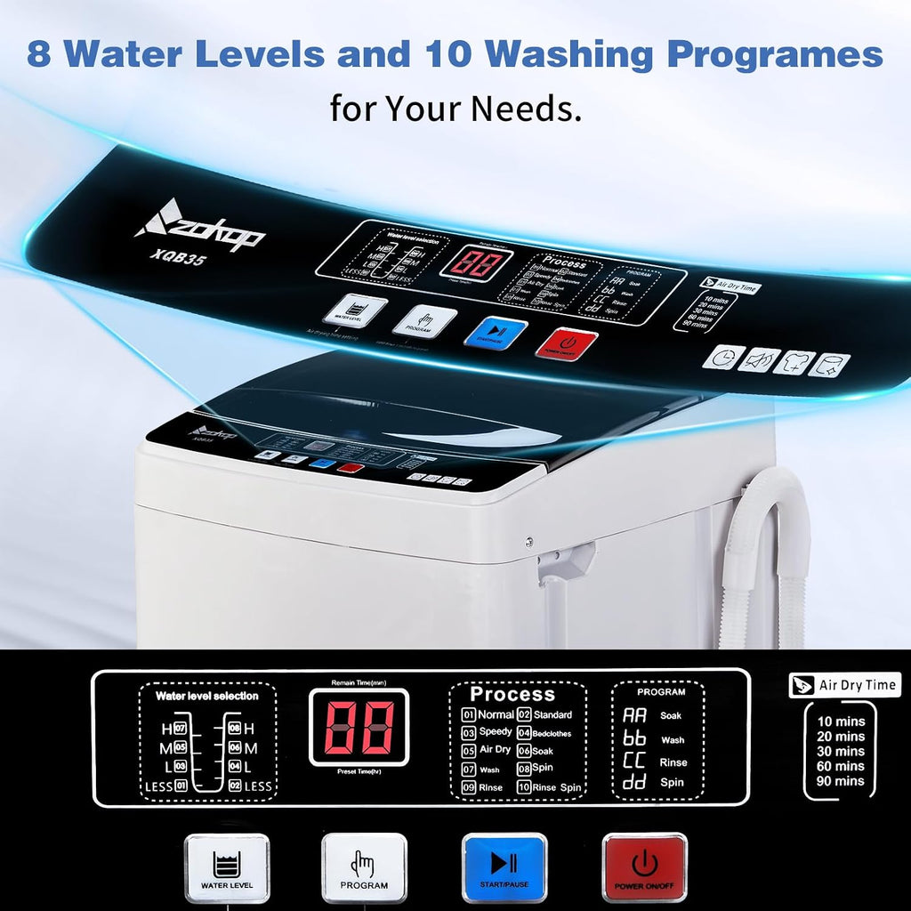 Winado 2 in 1 Full Automatic Washing Machine, 15.6Lbs Top Load Portable Washer with Drain Pump, 10 Wash Programs 8 Water Level Washer and Dryer Combo, for Apartments, RV, Camping