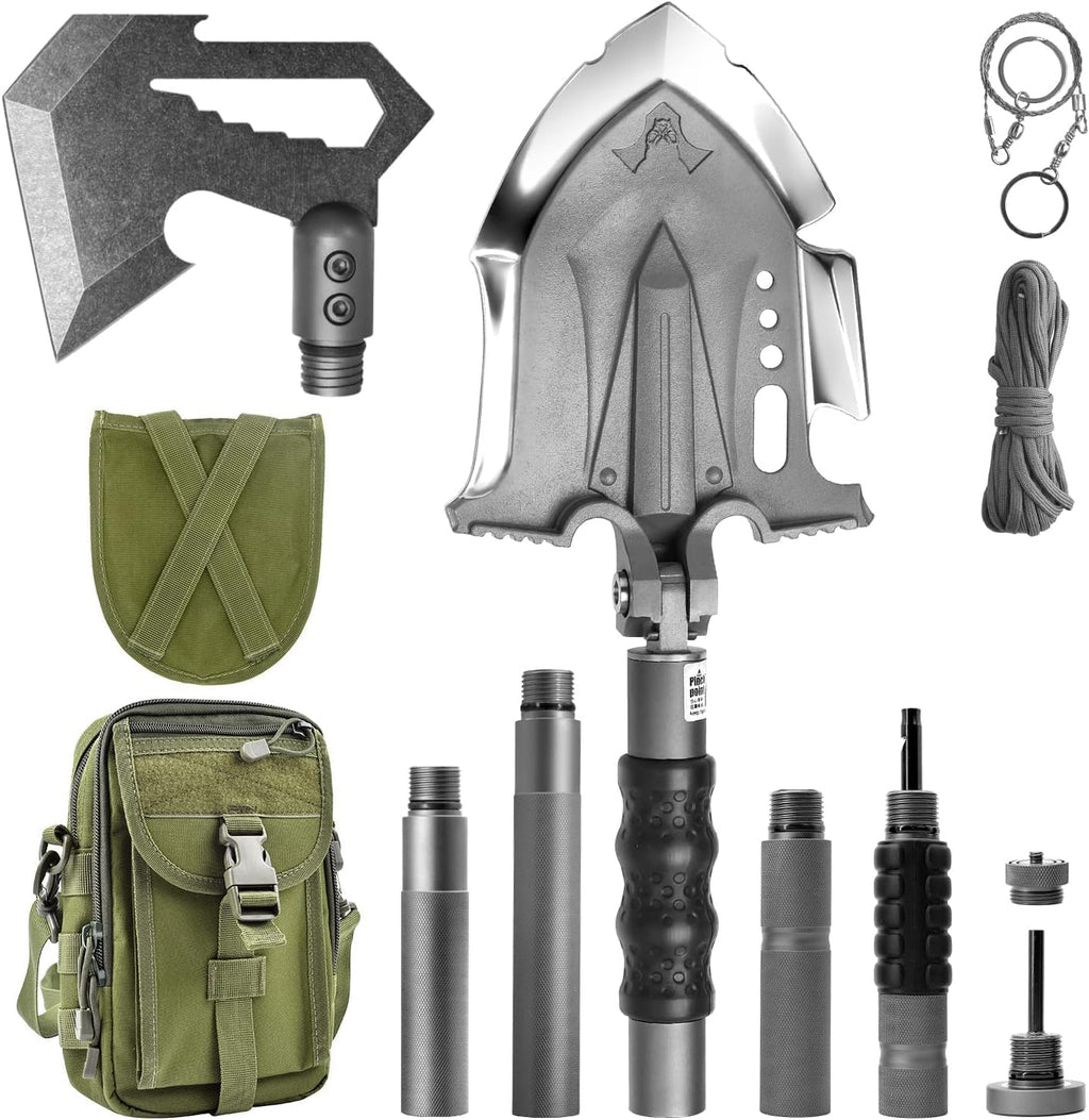 Zune Lotoo Survival Shovel Multitool with Axe, 29 in 1 Unbreakable Tactical Shovel Martensitic Steel kit, Compact Camping Shovel Folding Adjustable 7 Angles for Outdoors Gear Military Tool Gifts