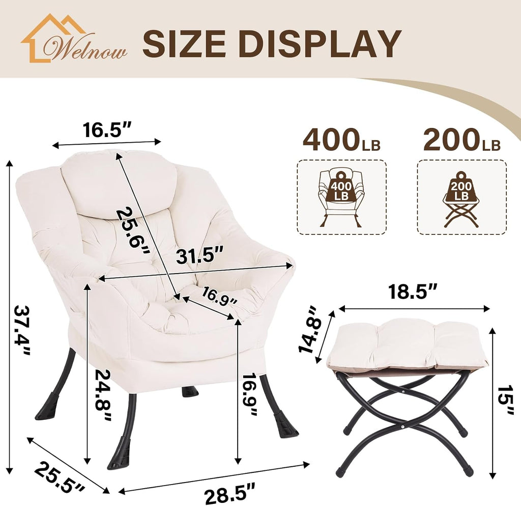 Welnow Lazy Chair with Ottoman, Modern Accent Chair with Armrests and a Side Pocket, Leisure Sofa Armchair, Reading Armchair with Footrest for Small Space, Beige