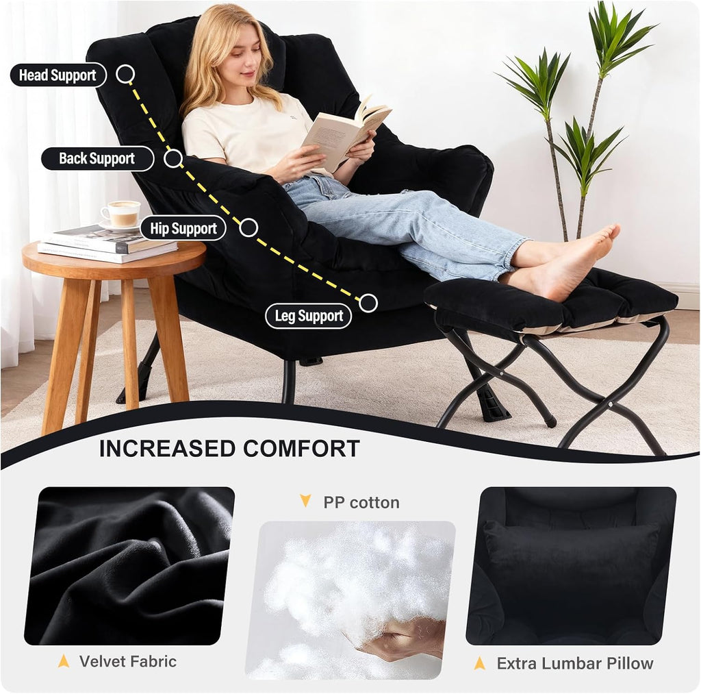 Lazy Chair with Ottoman, Modern Accent Chair with Lumbar Pillow, Velvet Black Sofa, Armchairs with Folding Footrest, Oversized Supportive Chairs for Bedroom, Reading