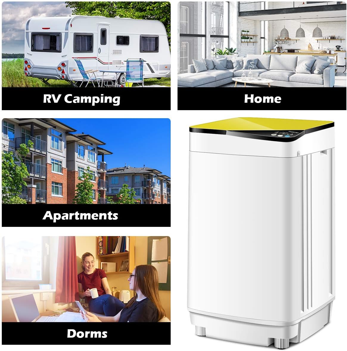 Giantex Full-Automatic Washing Machine Portable Washer and Spin Dryer 7.7lbs Capacity Compact Laundry Washer with Built-in Barrel Light Drain Pump and Long Hose for Apartments Camping (White & Yellow)