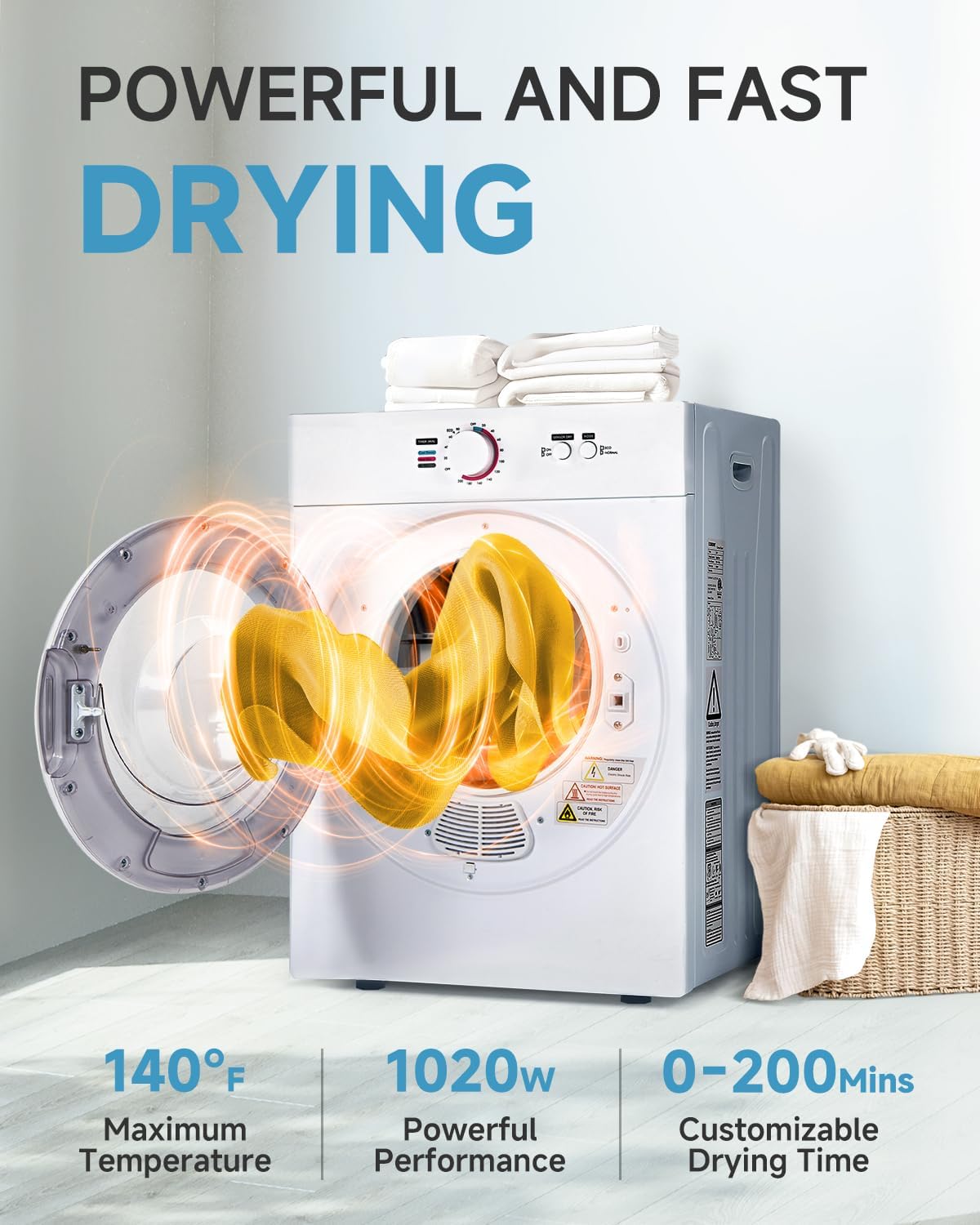 Feelfunn 1.8 Cu.Ft Compact Dryer - 1020W Portable Clothes Dryer with Stainless Steel Tub, Front Load Tumble, Four Functions - Compact Drying Unit for Laundry, Apartments, Dorms