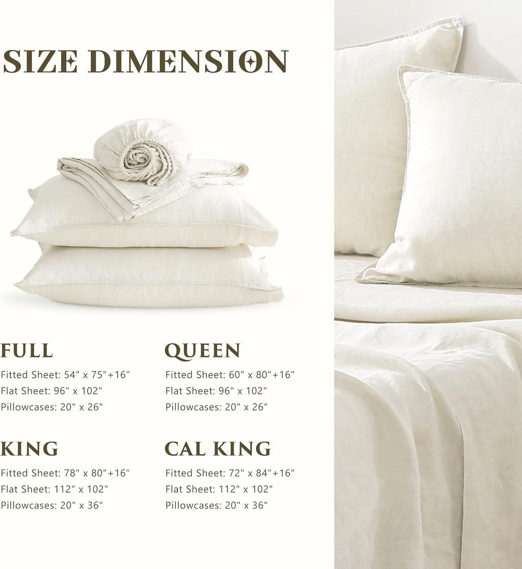 100% French Linen Sheets Set Cal King Size-4Pcs Natural Washed Flax Bed Sheets Soft Breathable and Durable- 1 Flat Sheet 1 Fitted Sheet 2 Pillowcases (Cream White, Cal King)