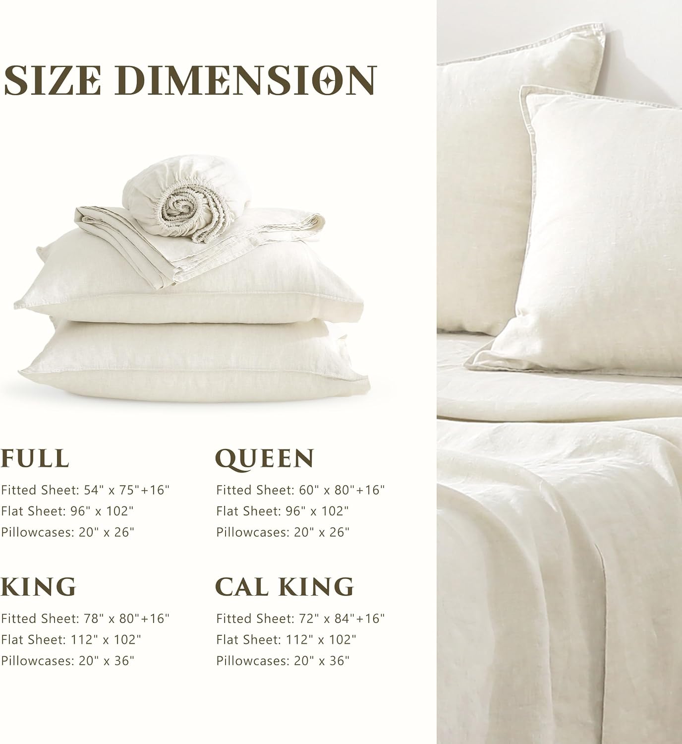 100% French Linen Sheets Set Cal King Size-4Pcs Natural Washed Flax Bed Sheets Soft Breathable and Durable- 1 Flat Sheet 1 Fitted Sheet 2 Pillowcases (Cream White, Cal King)