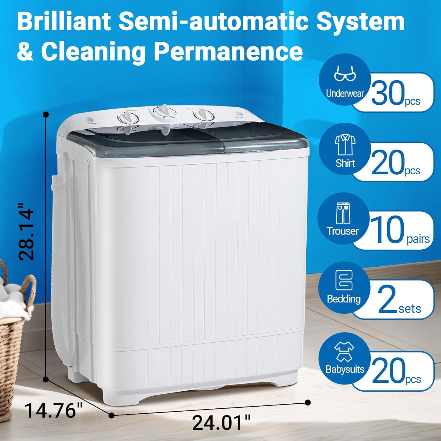 Erivess 2-in-1 Portable Twin Tub Washing Machine, 13lbs Wash 9lbs Spin Capacity, Compact Laundry Washer and Spin Dryer Combo for Apartment, Dorm, RV, Camping