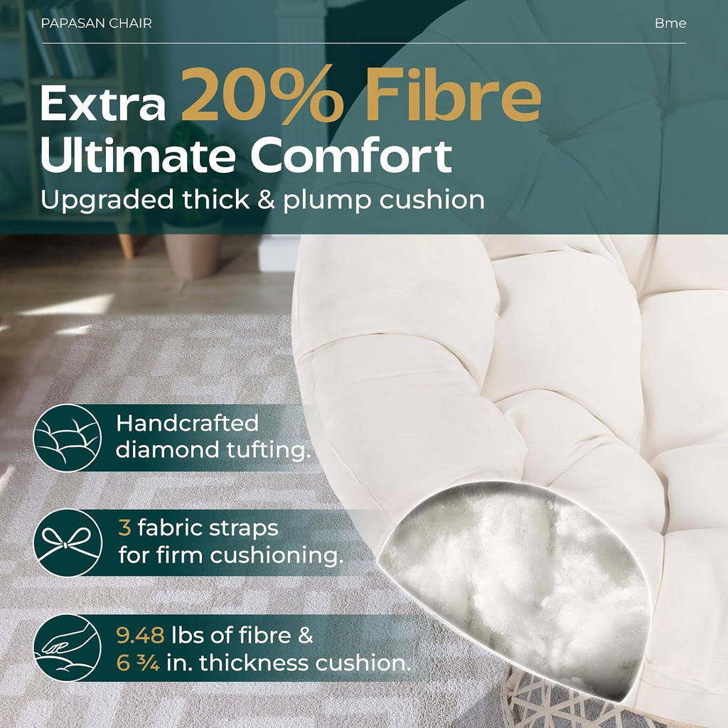 Bme 40' Ergonomic Wicker Papasan Chair with Soft Thick Density Fabric Cushion, High Capacity Steel Frame, 360 Degree Swivel for Living, Bedroom, Reading Room, Lounge