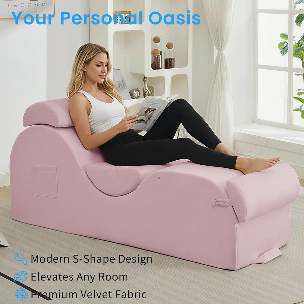 Ijuicy 25 Inch Yoga Stretching Recliner Chair, Soft Velvet Household Workout Training Chair, Indoor Leisure Lounge Chair with Headrest and Movable Footrest for Body Stretching & Daily Relaxation, Pink