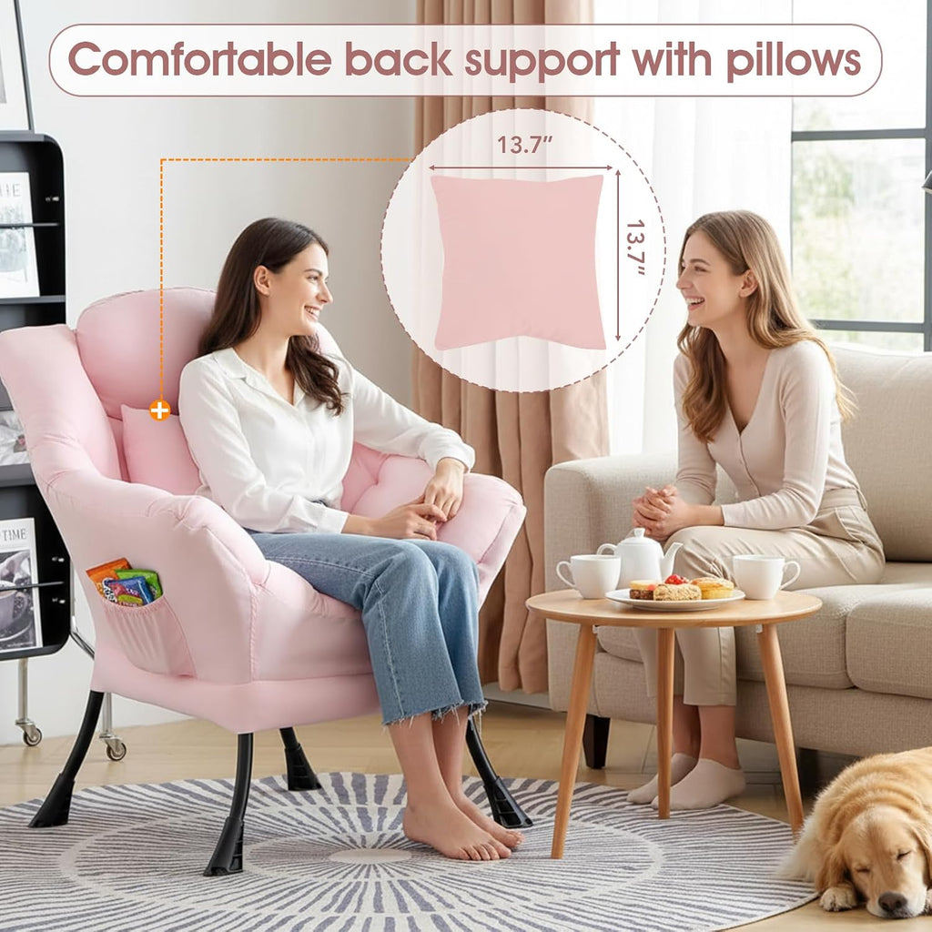 Lazy Chair for Living Room, Large Pink Accent Chair with a Throw Pillow, Leisure Sofa Chair Set, Comfy Reading Chair for Bedroom, Dorm Room, Office