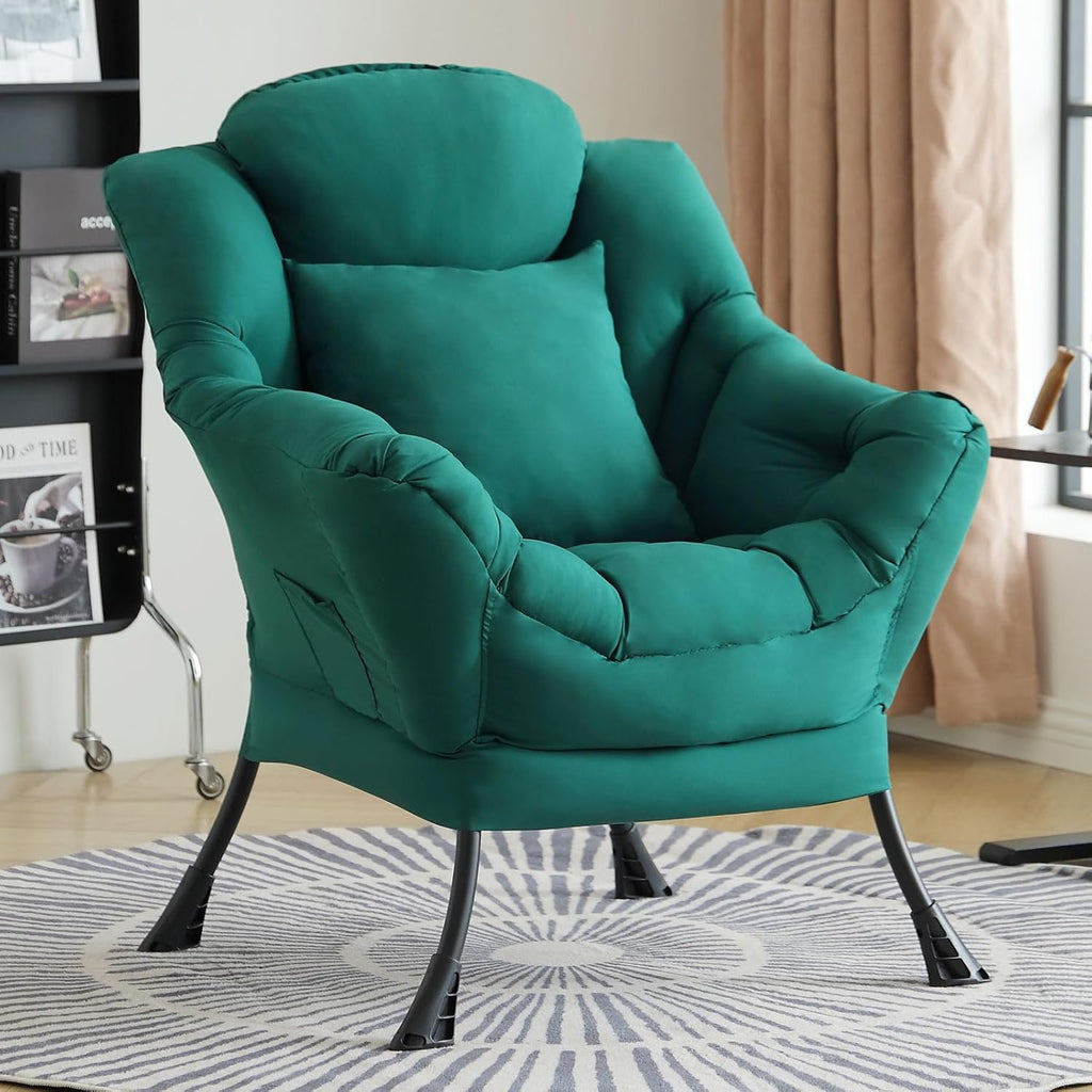 Lazy Chair for Living Room, Large Dark Green Accent Chair with a Throw Pillow, Leisure Sofa Chair Set, Comfy Reading Chair for Bedroom, Dorm Room, Office