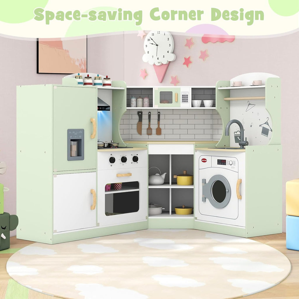 Costzon Corner Kids Kitchen Playset, Wooden Play Kitchen w/Sounds & Lights, Washing Machine, Range Hood, Ice Maker, Microwave, Oven, Sink, Pretend Toy Kitchen Set for Toddler, Gift for Boys Girls