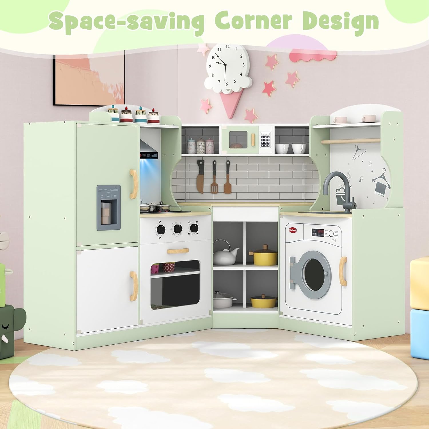 Costzon Corner Kids Kitchen Playset, Wooden Play Kitchen w/Sounds & Lights, Washing Machine, Range Hood, Ice Maker, Microwave, Oven, Sink, Pretend Toy Kitchen Set for Toddler, Gift for Boys Girls