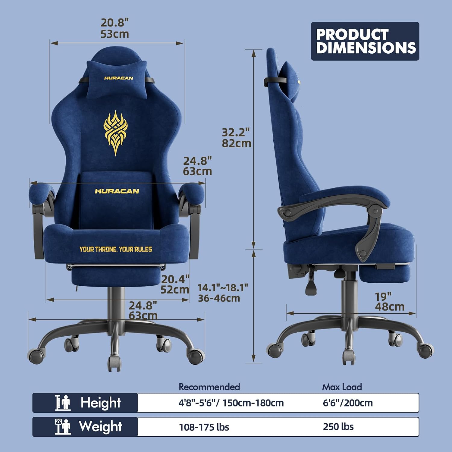 Ferghana Velvet Fabric Gaming Chair with 20.5″ Wider Seat Cushion, Fire Embroidery Ergonomic High Back Game Chair with Footrest, Computer Chair with Massage Lumbar Support for Adult, Navy