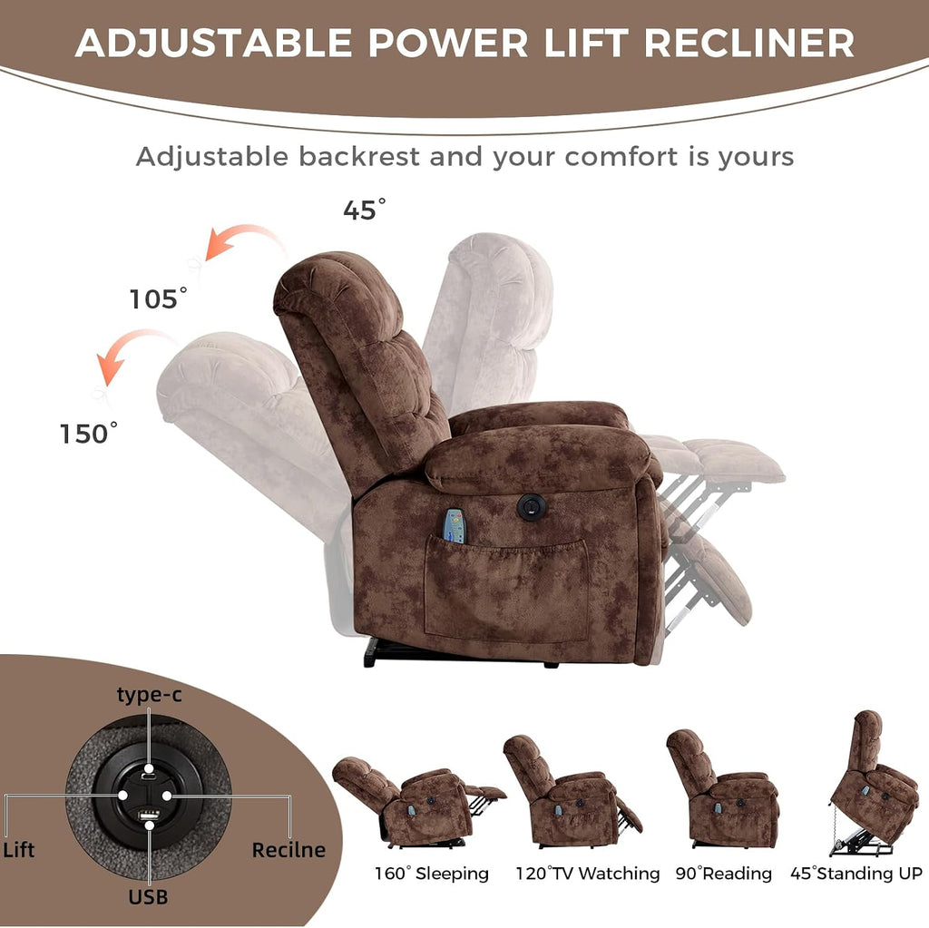 IOMOR Power Lift Recliner Chair for Elderly with Vibration Massage and Lumbar Heating, Overstuffed Electric Lift Chair with 2 Side Pockets and Cup Holders, USB & Type-C for Living Room, Textile Brown