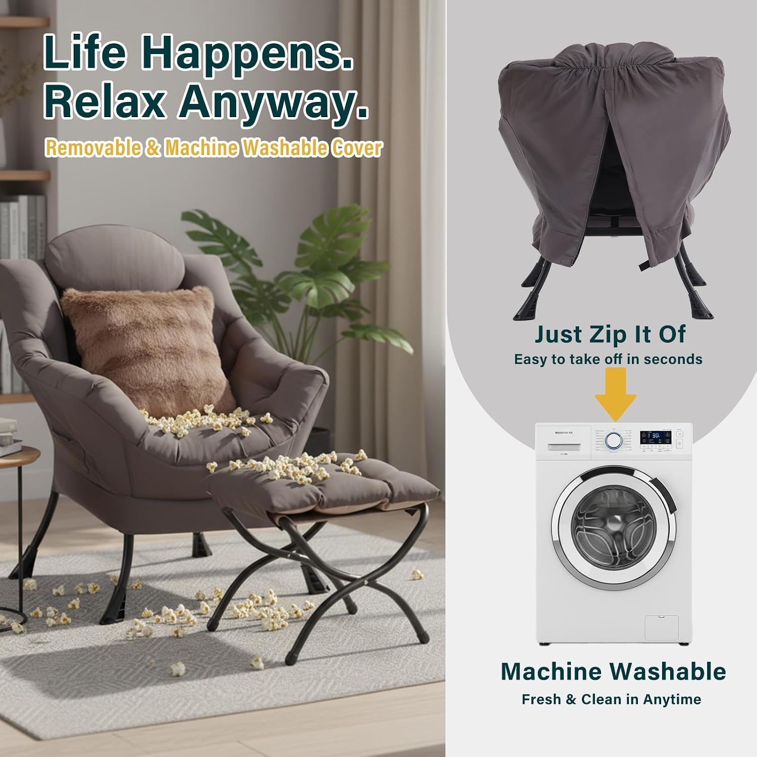 Lazy Chair with Ottoman, Large Accent Chair with Ottoman and a Throw Pillow, Shadow Grey Reading Chair for Living Room Bedroom Dorm Room Office Apartment Relaxing Use