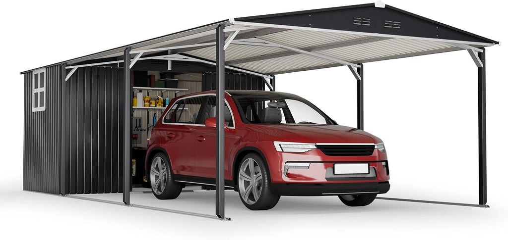 KEIKI 12x23 FT Heavy Duty Metal Carport with Storage Shed, Steel Garage Shelter with Sliding Door, Waterproof Sloped Roof, UV Protection Panels, Outdoor Car Canopy for Car, Boat, Tractor