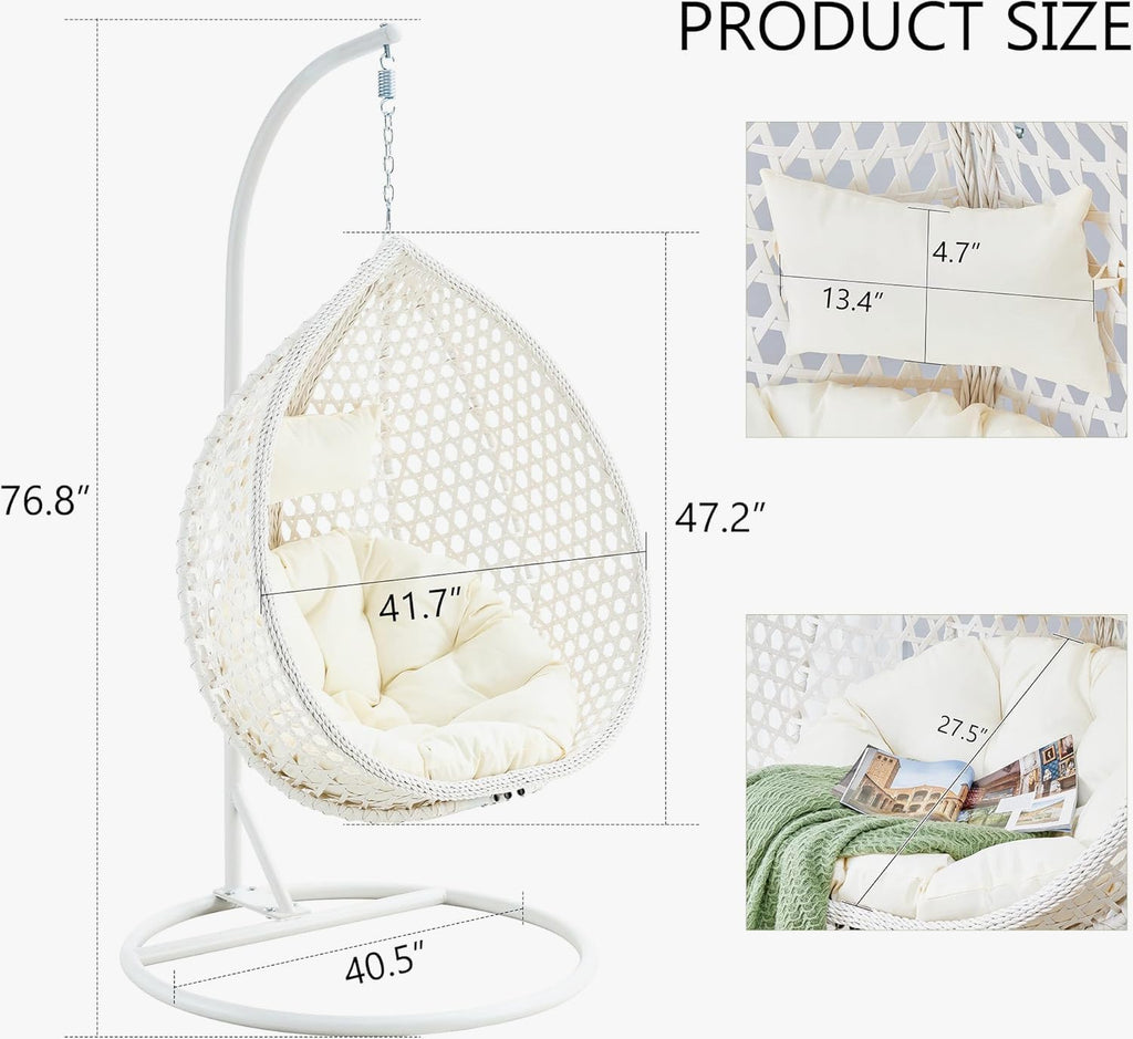 RUN.SE Hanging Egg Chair with Stand, Outdoor Indoor Egg Swing Chair with Cushion Headrest for Patio, Porch, Balcony, Bedroom, 350LBS Capacity (White)
