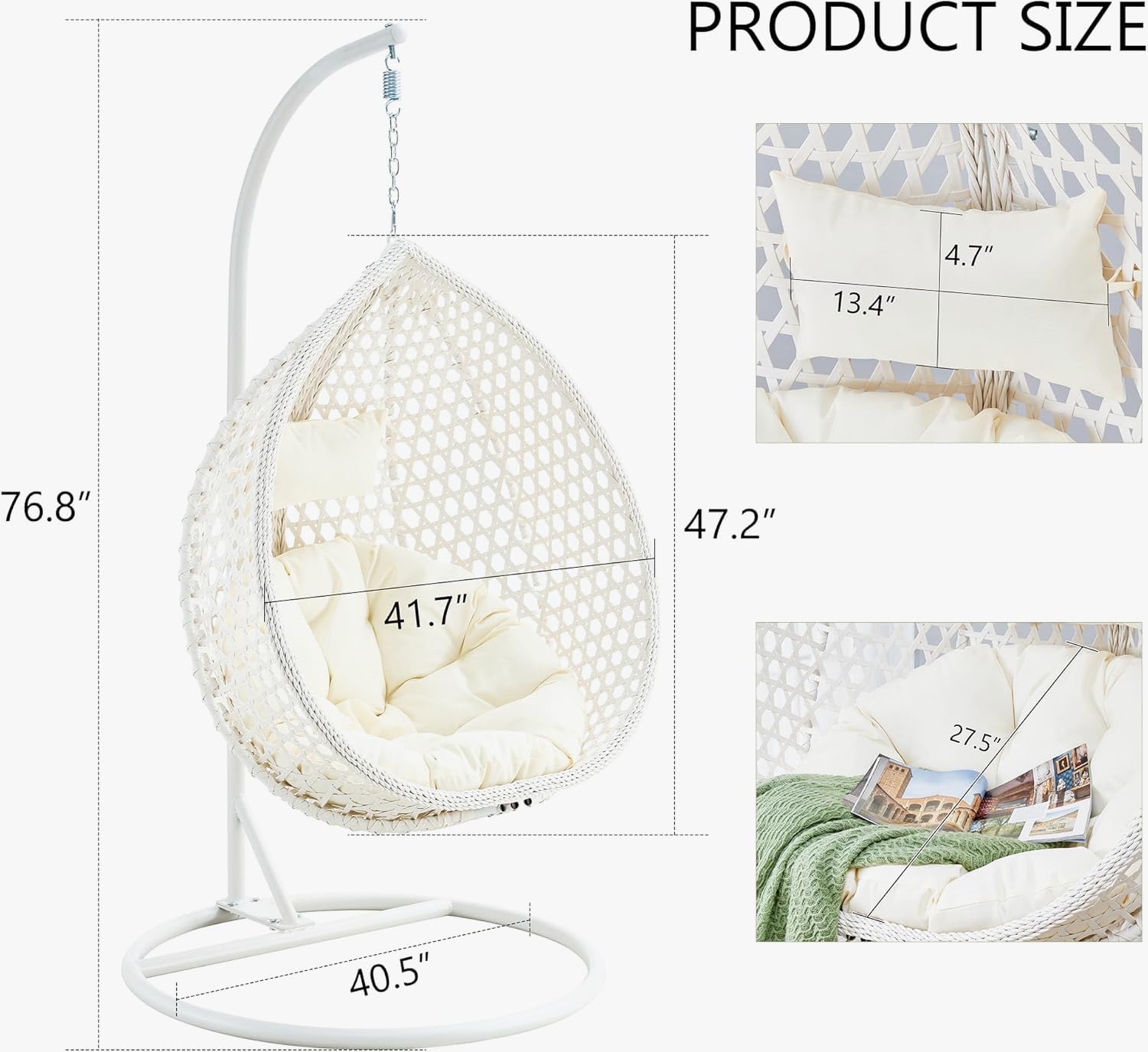 RUN.SE Hanging Egg Chair with Stand, Outdoor Indoor Egg Swing Chair with Cushion Headrest for Patio, Porch, Balcony, Bedroom, 350LBS Capacity (White)