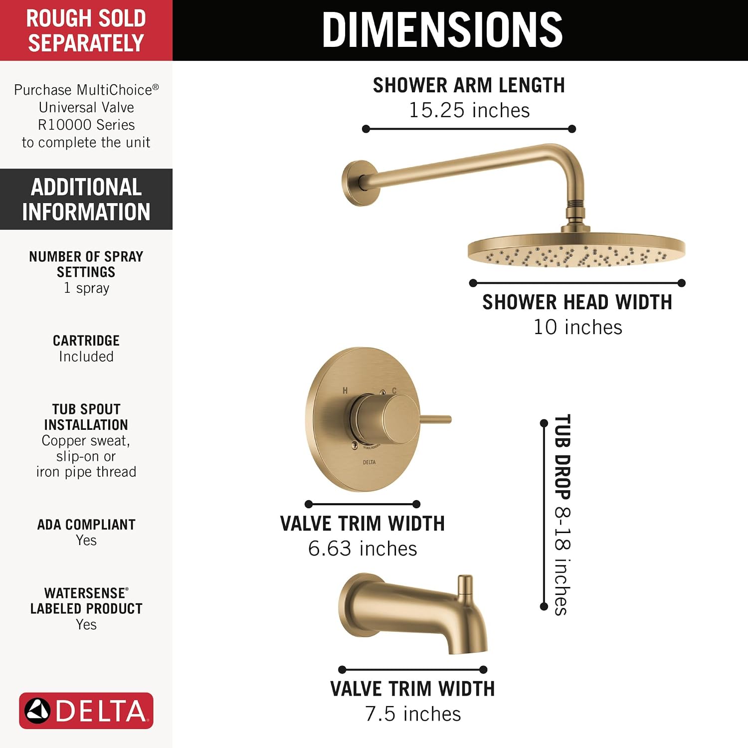 Delta Modern 14 Series Round Rain Bathtub and Shower Faucet Set, Rainfall Brushed Gold Shower Head and Handle Set, Valve Trim Kit, 10 Inch, Champagne Bronze T14469-CZ-PP (Valve Not Included)
