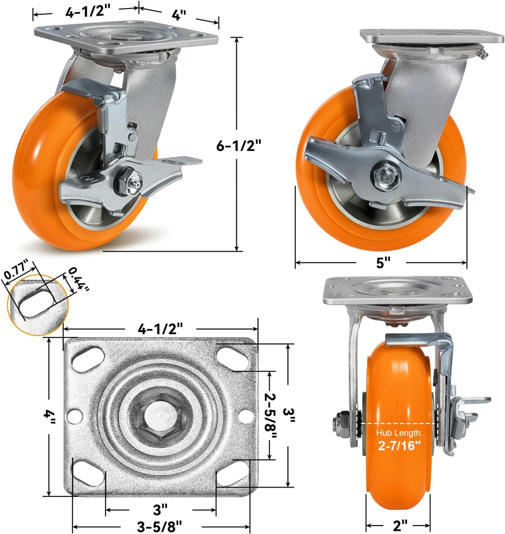Caster Wheels, 5' Heavy Duty Industrial Swivel Caster, Crowned Tread Aluminum Core Thickened Polyurethane Casters Set of 2 with Load 2000lbs Capacity, Wheels for Cart Toolbox (2 Brake)