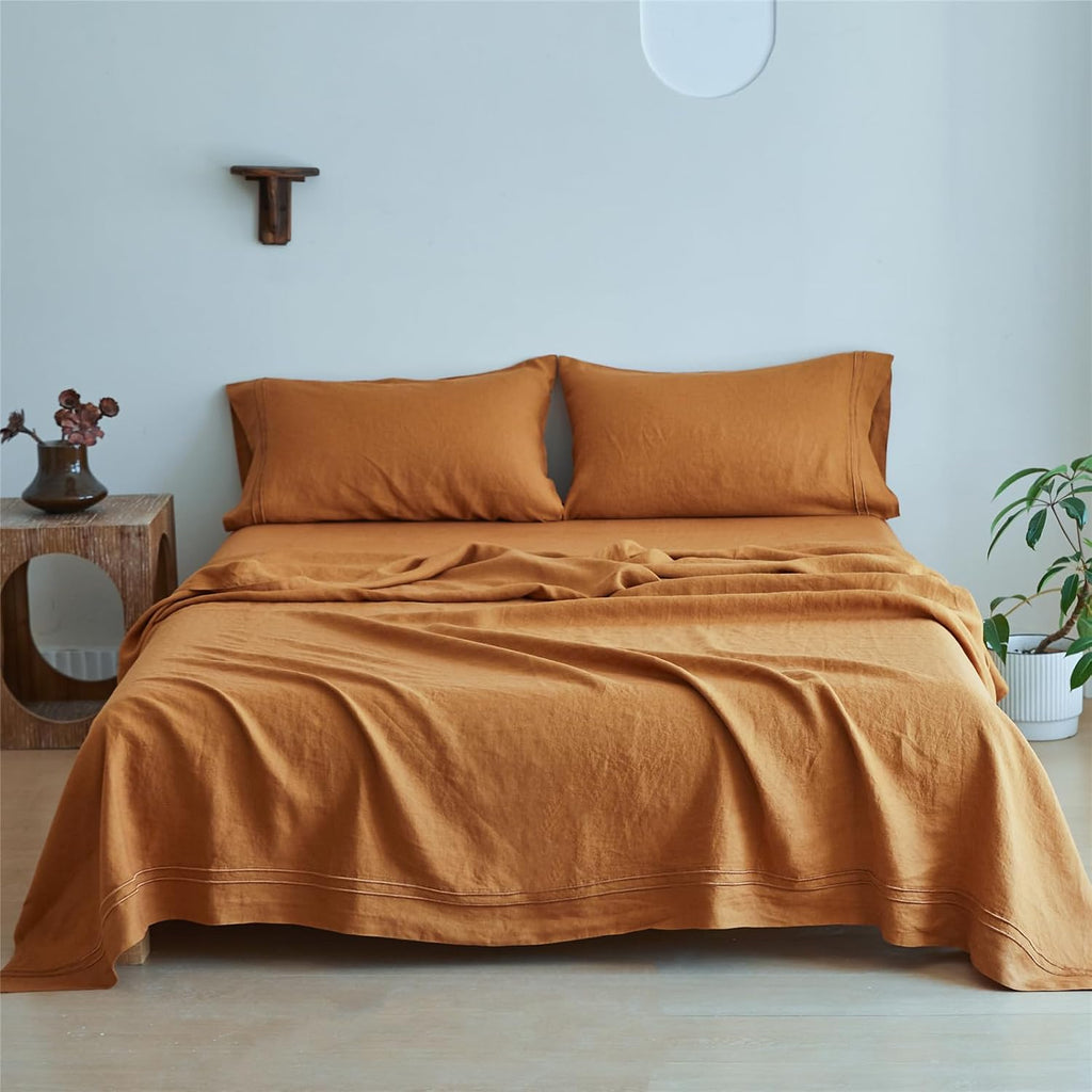 Simple&Opulence 100% Linen Sheet Set 4 Pieces Natural France Flax Bed Sheet (1 Flat Sheet, 1 Fitted Sheet, 2 Pillowcases) Breathable Luxury Hotel Bedding - Embroidery Rust, Queen Size
