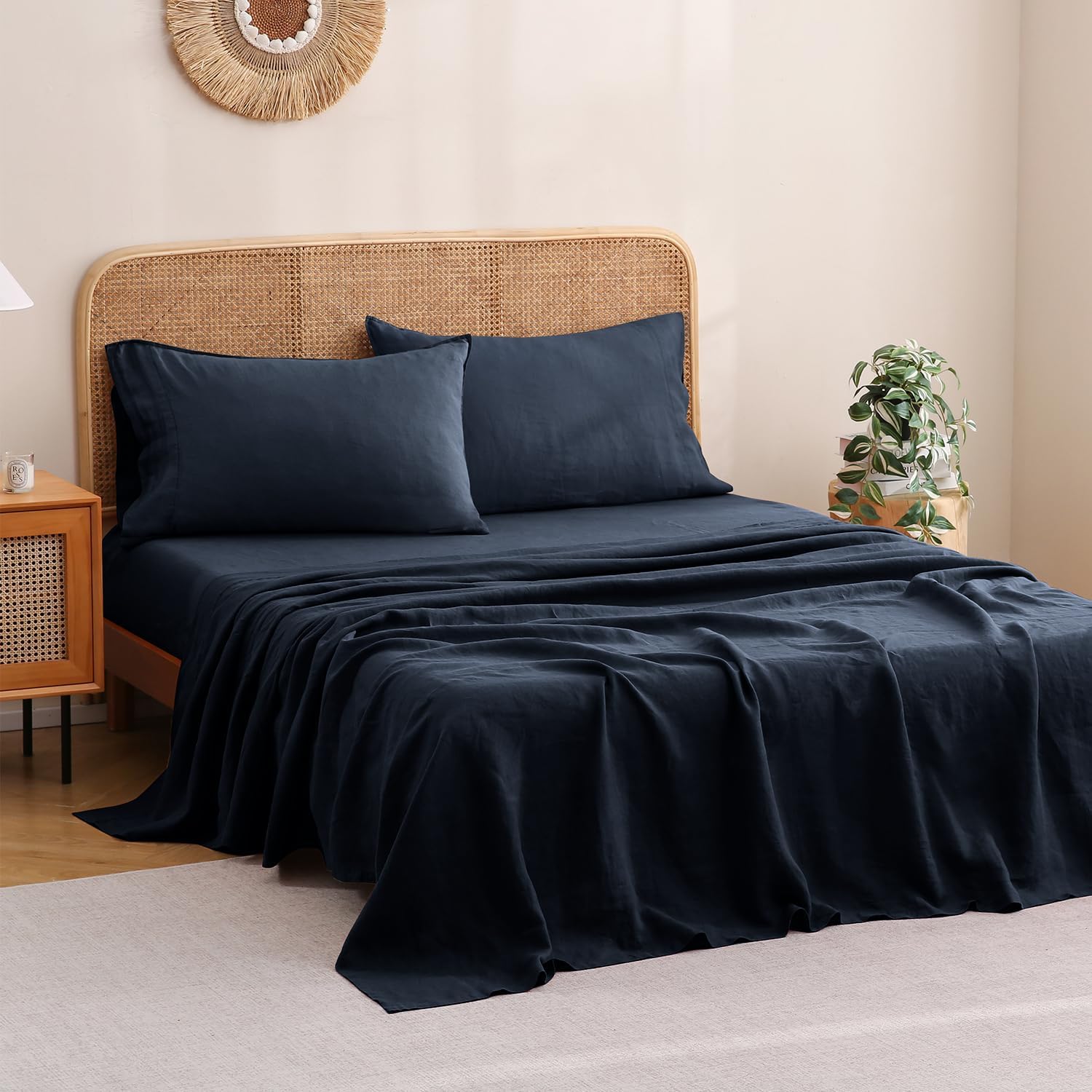 S VICTORY SYMBOL 100% Organic Linen Sheets Set,French Natural Bedding,Ultra Soft Luxurious Stone Washed Flax 4 Pieces Sheets Set(Navy,King)