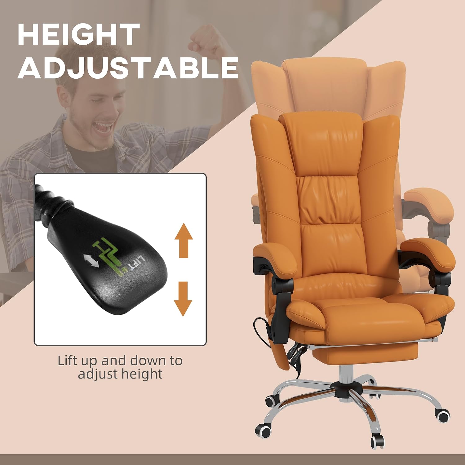 Vinsetto Executive Massage Office Chair with 4 Vibration and Heat, 3 Modes, PU Leather Swivel Chair with Adjustable Height, Reclining Back, and Footrest, Light Brown