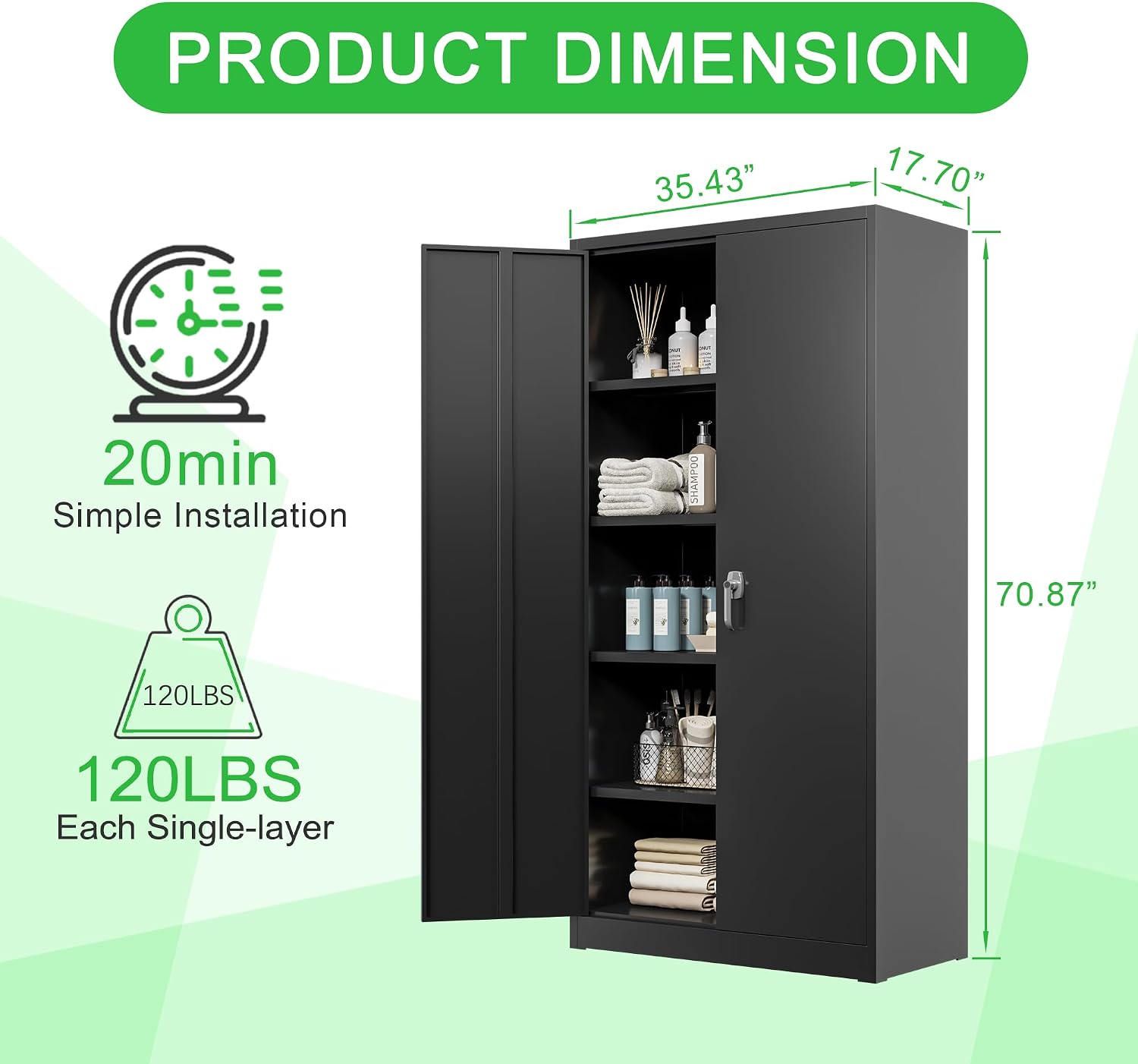 Locking Metal Storage Cabinet with 2 Door and 4 Adjustable Shelves, Black Lockable Garage Storage Cabinet for Home, Office, Utility Room, H70.87×W35.43×D17.72