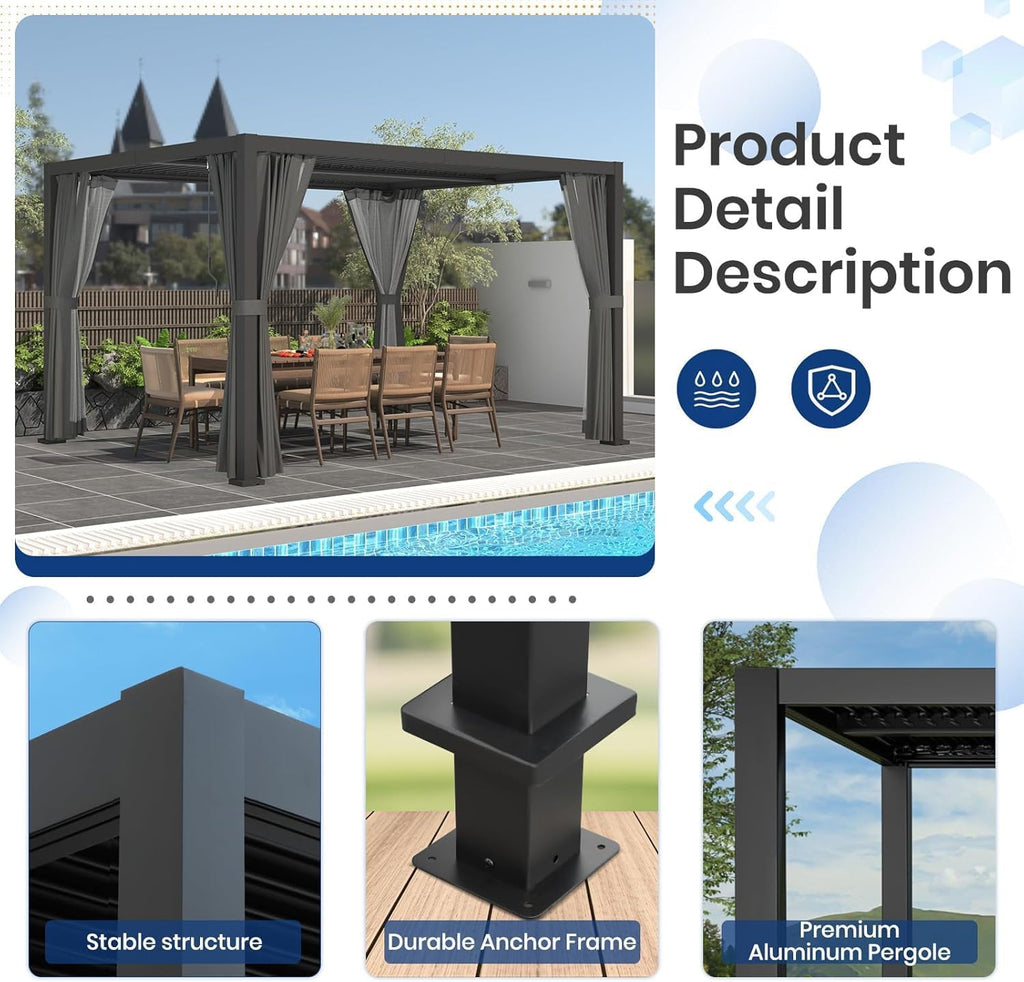 10' ×12' Outdoor Louvered Pergola, Aluminum Outdoor Louvered Pergola Patio with Adjustable Roof for Outdoor Deck, Backyard, Garden (10X12FT)