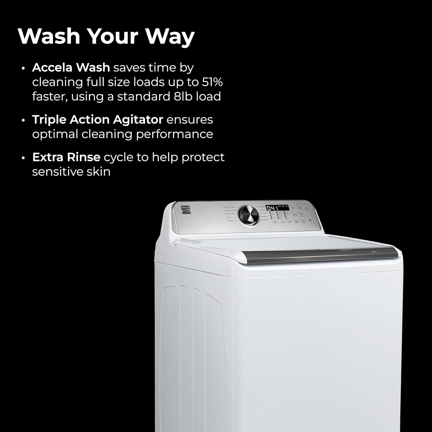 Kenmore 4.4 cu. ft. Top Load Washer with Triple Action Agitator for Tough Dirt & Stains - Reduce Laundry Time with Accela Wash & Express Wash - LED - White