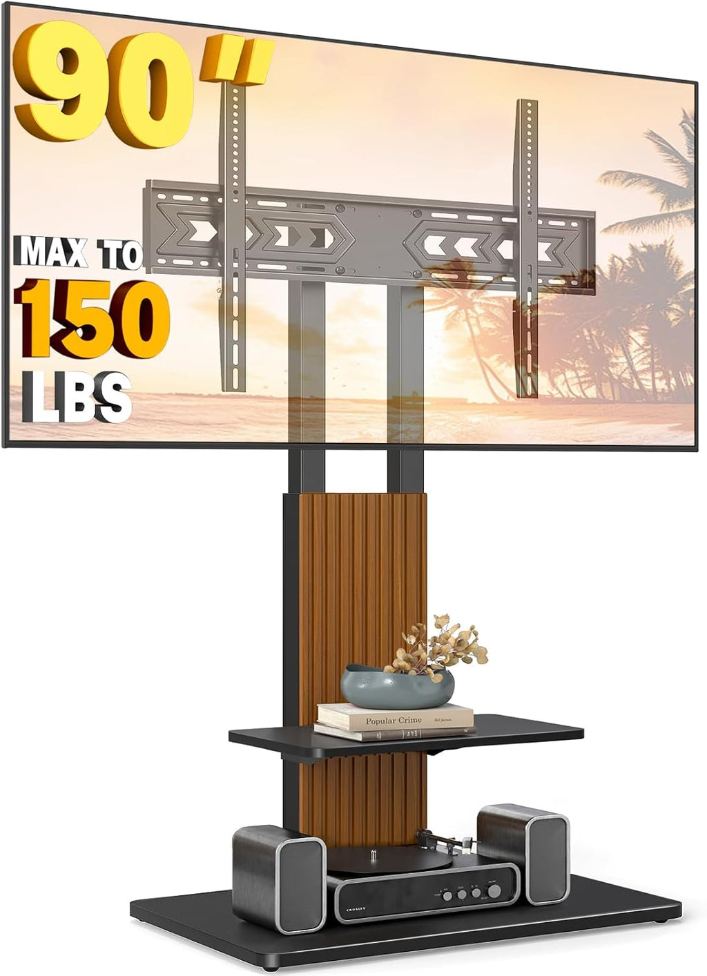 TVON Heavy Duty Floor TV Stand for 55-90 inch Large TVs up to 150 lbs, Tall TV Stand with Height Adjustable Mount, Universal TV Mount Stand with Large Storage Shelf and Wooden Base, Black and Walnut