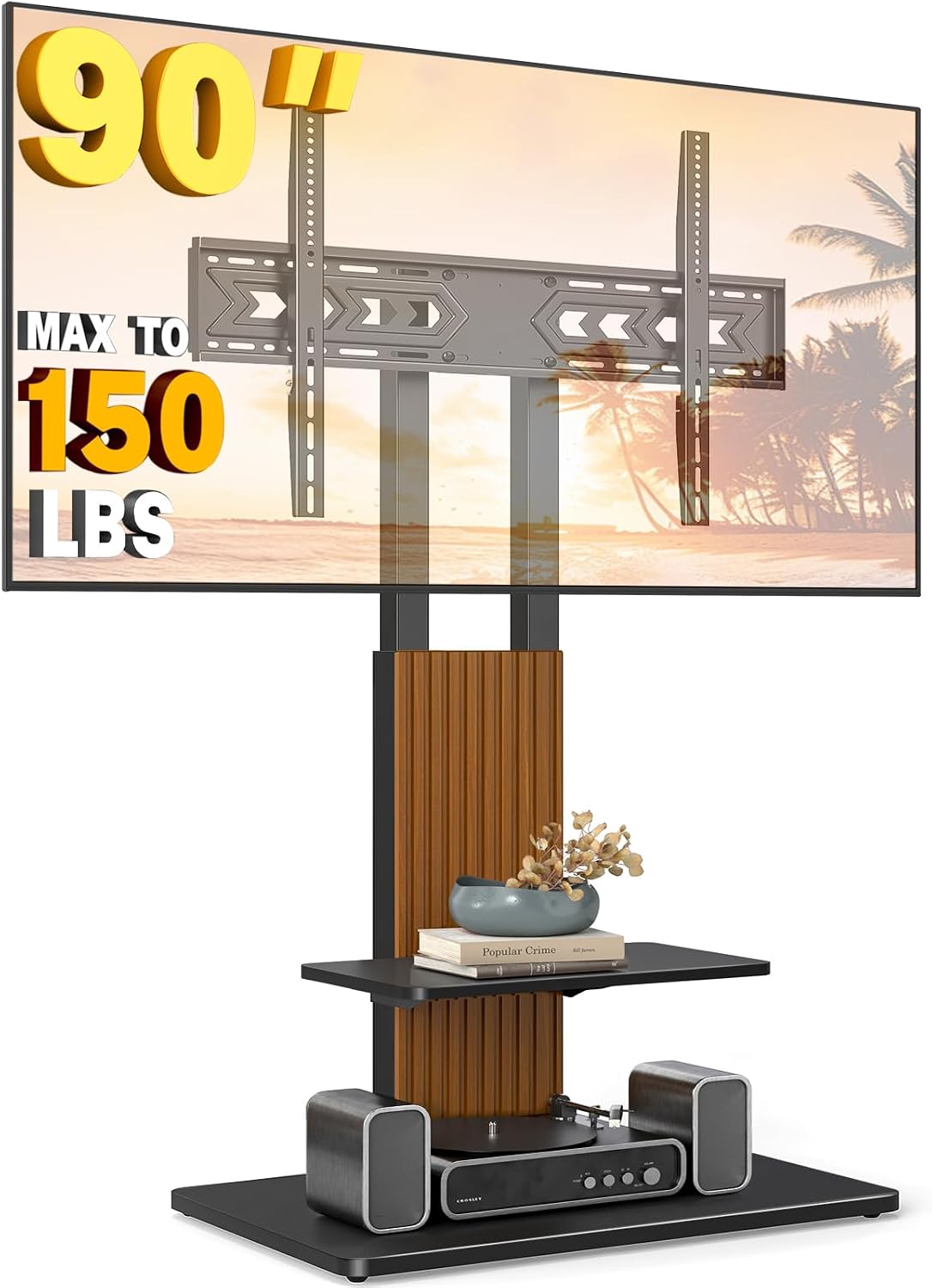 TVON Heavy Duty Floor TV Stand for 55-90 inch Large TVs up to 150 lbs, Tall TV Stand with Height Adjustable Mount, Universal TV Mount Stand with Large Storage Shelf and Wooden Base, Black and Walnut