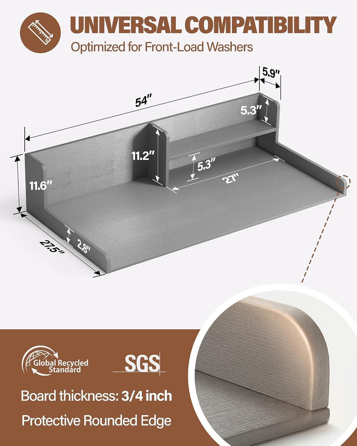 Premium HDPE Washer Dryer countertop with Shelf 54'x27.5' – Waterproof Washer Dryer Topper for Laundry Room Organization, Washer Dryer Countertop for Folding Clothes, Sorting & Storage， Grey