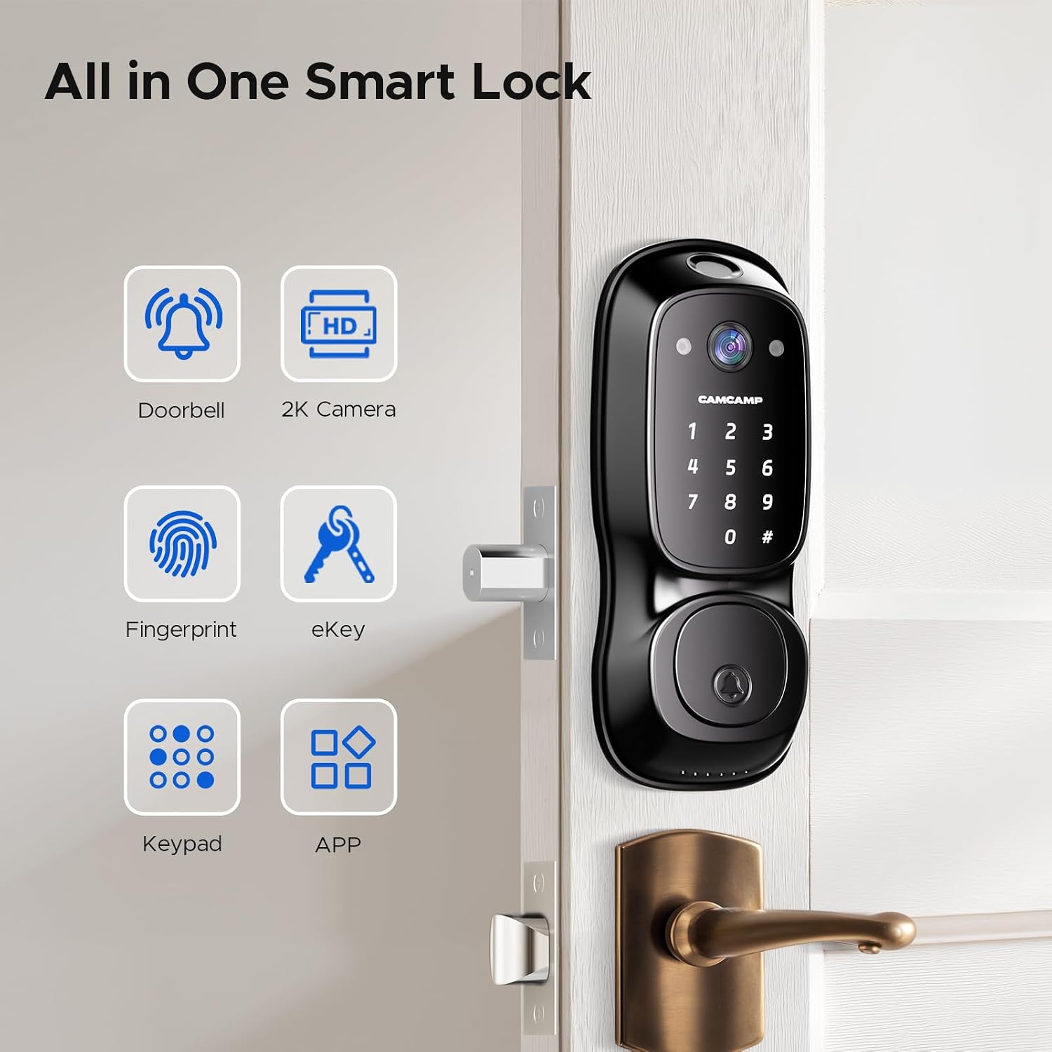 Camcamp Smart Door Lock,Fingerprint Keyless Entry Door Lock with Camera&Doorbell,Built-in Wi-Fi Deadbolt Smart Lock for Front Door,2-Way Audio,App Control,8Months Battery,Auto Locking,IP66Waterproof